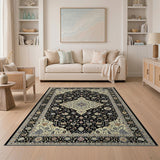 Elegant Black Persian Area Rug with Ivory Floral Motifs