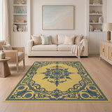 Ornate Blue Border Yellow Area Rug