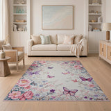 Vintage Pink Roses Butterflies Floral Area Rug