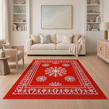Red Red Snowflake Area Rug with Ornate White Border