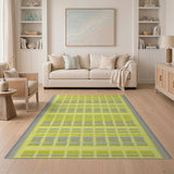 Vibrant Yellow Grey Geometric Grid Area Rug