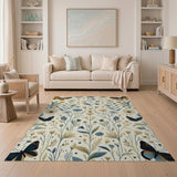 Washable Vintage Botanical Floral Butterfly Area Rug - Cream & Dusty Blue Low Pile