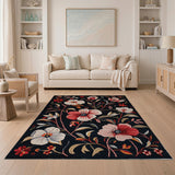 Red Pink Floral Blooms Area Rug on Black