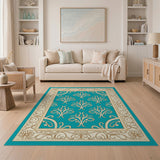 Teal Persian Floral Area Rug with Gold Border