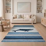 Navy Whale Blue Striped Coastal Rug