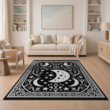 Ornate Celestial Moons Stars Black White Rug