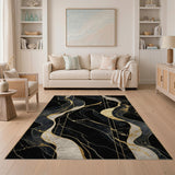 ODIKA Modern Abstract Black and Gold Washable Rug - Low Pile Non-Slip Non-Shedding Area Rug