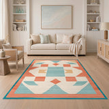 Teal Geometric Coral Border Area Rug