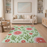 Vibrant Pink Floral Area Rug with Green Leaves
