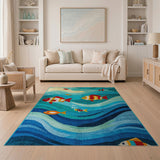 Whimsical Cartoon Fish Ocean Waves Rug