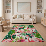 ODIKA Tropical Flamingo Pink Palm Leaf Washable Rug - Non-Slip Low Pile Area Rug