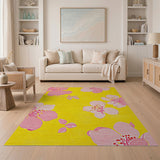 Sunny Yellow Pink Hibiscus Floral Area Rug
