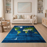 World Map Blue Area Rug