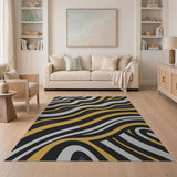 Modern Wavy Geometric Area Rug in Black, Gold Grey