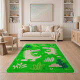 Green Playful Green Crocodile Kids Cartoon Rug