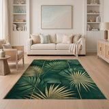Emerald Green Palm Monstera Leaf Rug with Gold Accents