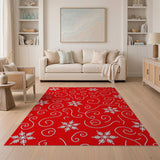 Red Festive Red Snowflake Swirl Area Rug