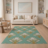 Teal Persian Palm Frond Area Rug with Gold Accents