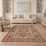 Washable Southwestern Tribal Area Rug - Terracotta & Grey, Low Pile, Non-Slip, Pet Friendly