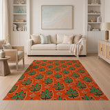 Vibrant Orange Green Tribal Leaf Area Rug