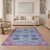 Teal Persian Medallion Area Rug with Hot Pink Borders
