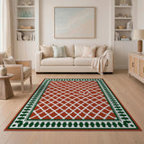 Red Trellis Area Rug with Green Holly Border