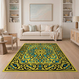 Golden Yellow Persian Floral Area Rug with Blue Motifs