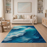 Abstract Ocean Wave Washable Area Rug - Blue Coastal Low Pile Non-Slip