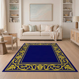 Traditional Persian Blue and Teal Navy Blue Ornate Gold Border Area Rug