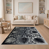Ornate Black White Palm Frond Area Rug