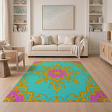 Teal Persian Medallion Rug with Pink Flowers