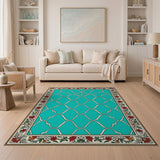 Teal Lattice Geometric Rug with Floral Border