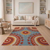 Teal Mandala Area Rug with Vibrant Floral Mandalas