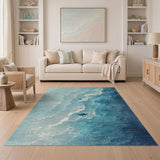 Teal Ocean Waves Shark Silhouette Rug