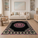 Pink Mandala on Black Persian Area Rug