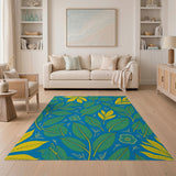 Vibrant Blue Leaf Flower Pattern Area Rug