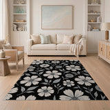 Black White Daisy Floral Area Rug