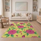 Vibrant Pink Roses on Sunny Yellow Floral Rug
