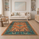 Teal Bordered Terracotta Southwestern Area Rug