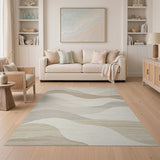 Beige and Neutral Beige Layered Wave Abstract Area Rug