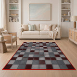 Red Border Geometric Dotted Grid Area Rug