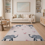 Cute Cartoon Elephants Birds Pink Nursery Rug