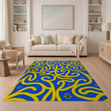 Yellow Swirl Abstract Area Rug on Deep Blue