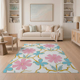 Whimsical Pink Flowers Blue Leaves Area Rug