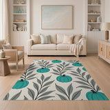 Teal Pumpkin Leaves Pattern Area Rug