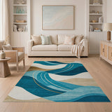 ODIKA Washable Abstract Blue Wave Area Rug - Low Pile, Non-Slip, Kid & Pet Friendly