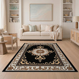 Beige and Neutral Ornate Black Medallion Persian Area Rug