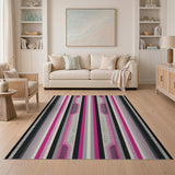 Vibrant Pink Black Grey Striped Geometric Area Rug