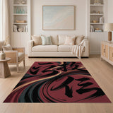 Crimson Swirl Black Calligraphy Abstract Area Rug