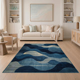 Blue and Teal Blue Wave Geometric Modern Area Rug